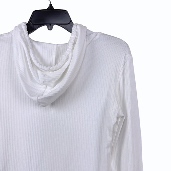 SMFK White Ribbed Jersey Knit Drawstring Hoodie Sweatshirt Long Sleeve Size M - Picture 7 of 10